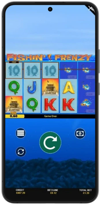 Fishin Frenzy slot scatter symbol on mobile with fishing boat icon