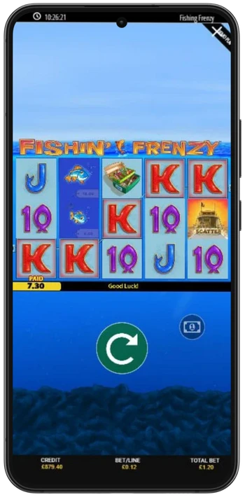 Fishin Frenzy base game on mobile showing fish and treasure symbols