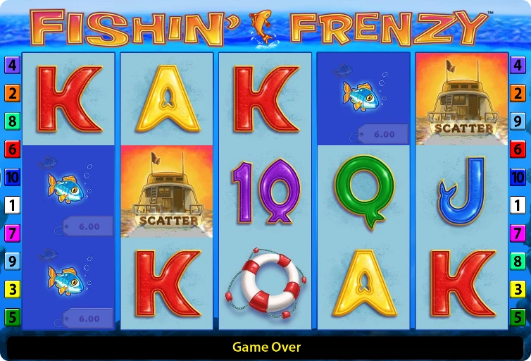Fishin Frenzy base game screen showing slot symbols on 5-reel grid