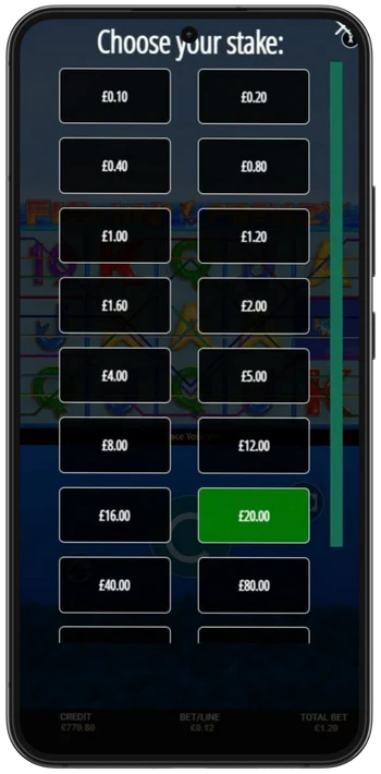 Fishin Frenzy stake selection menu with bet options from 0.10 to 80.00