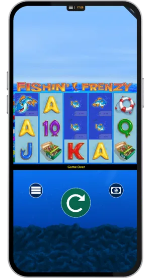 Fishing Frenzy base game displaying tackle box, life ring, fish and card symbols across five reels on mobile
