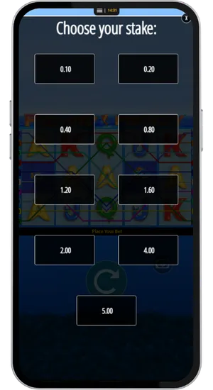 Clicking the demo or Play for Free option on the Fishing Frenzy game tile and adjusting the stake between £0.10 and £100
