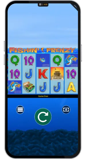 Fishing Frenzy base game showing fish cash symbols with assigned values on the reels next to a Scatter symbol