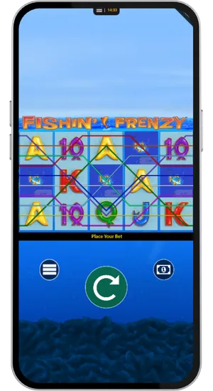 Fishing Frenzy base game on mobile showing five reels with card symbols and all ten paylines highlighted across the grid