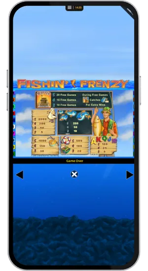 Fishing Frenzy full paytable screen showing all symbol payouts, free spins trigger rules, and the Fisherman Wild mechanic