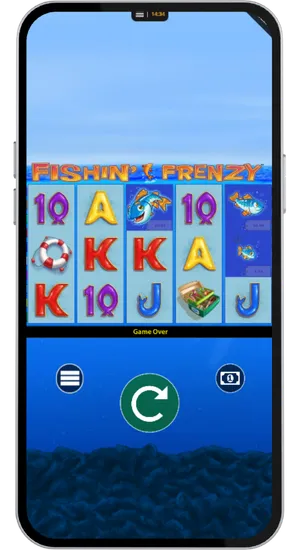 Fishing Frenzy spin result displaying high value symbols including the life ring, fish, and tackle box across five reels