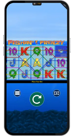 Fishing Frenzy mobile slot showing five reels with all ten paylines highlighted on a smartphone screen
