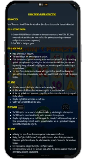 Fishing Frenzy player instructions screen showing game rules, wild symbol description and free spins conditions