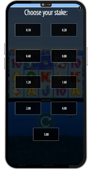 Fishing Frenzy stake selection screen on mobile showing bet options from 0.10 to 5.00 in a grid layout