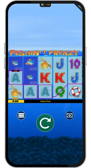 Fishing Frenzy mobile screen showing a paid win with fish and fishing rod symbols highlighted across the reels