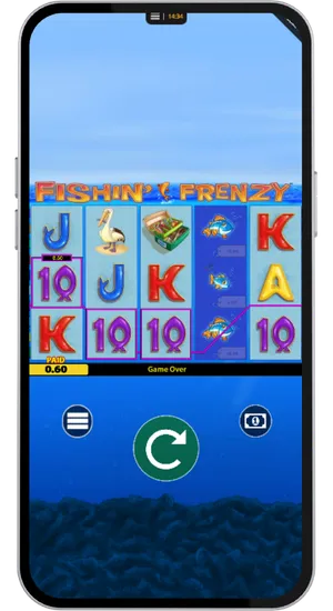 Fishing Frenzy showing a winning combination of ten symbols highlighted across a payline with a payout of zero point sixty displayed